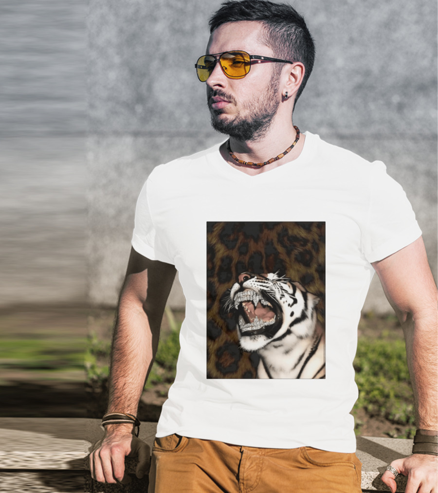 Tiger Diamond Grillz Iced Out Animal Roaring With Leopard Print T-Shirt
