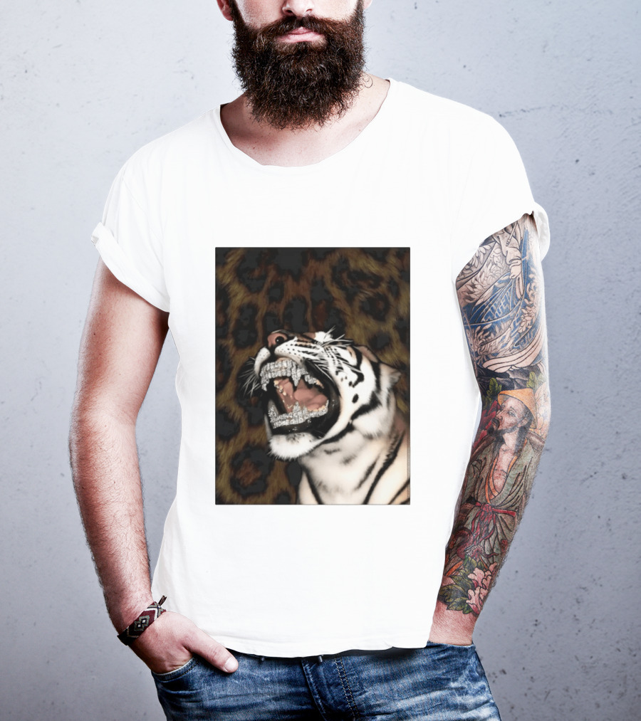 Tiger Diamond Grillz Iced Out Animal Roaring With Leopard Print T-Shirt