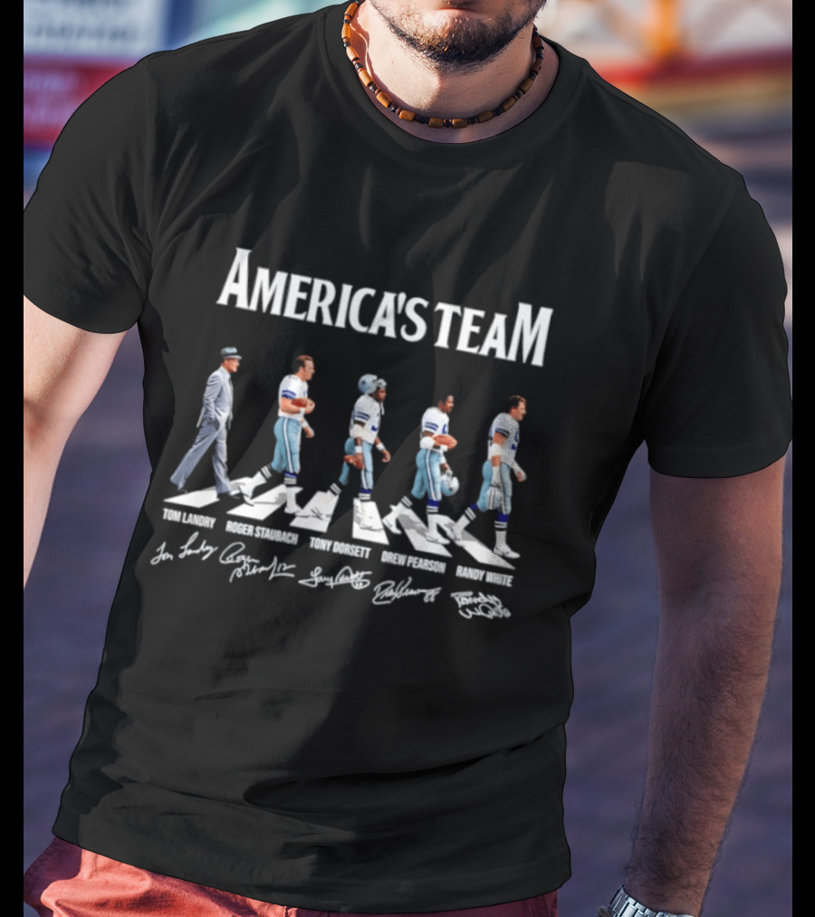 America's Team Tom Landry Roger Staubach Tony Dorsett Drew Pearson Randy White Dallas Cowboys Signatures Abbey Road T-Shirt