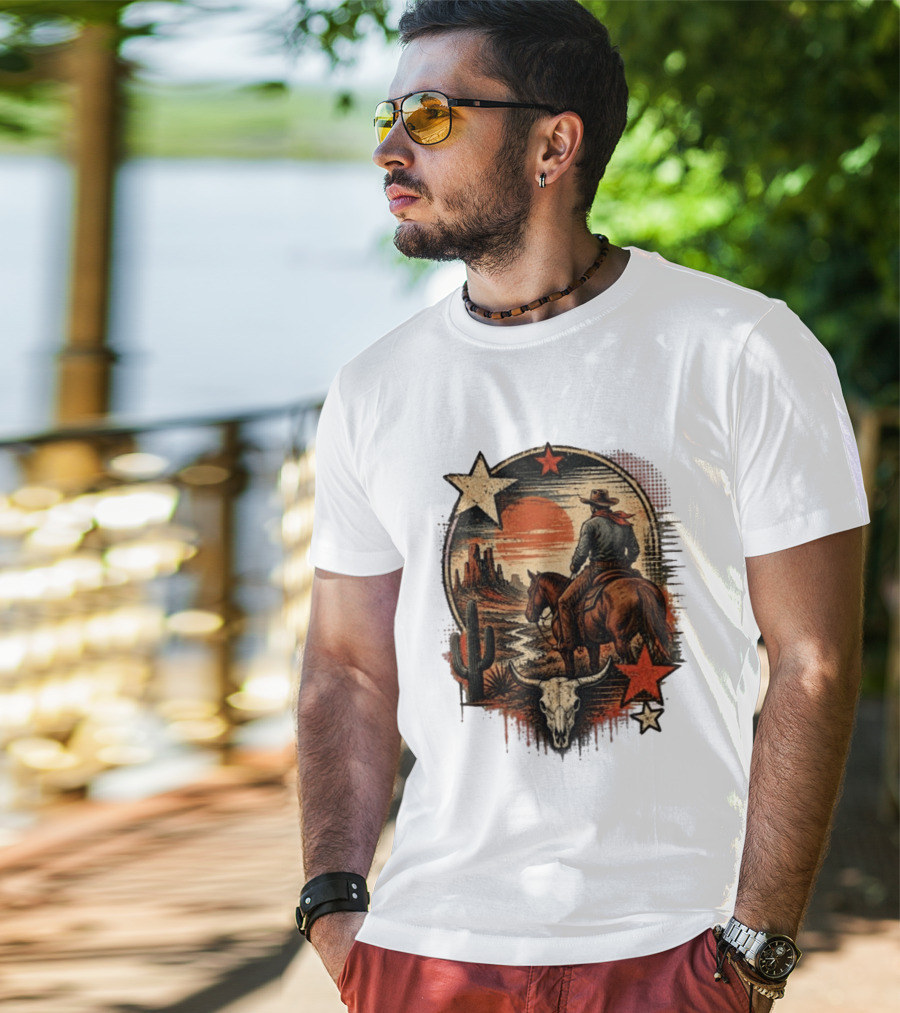 Cowboy On Horseback Under Desert Sunset With Cactus And Skull T-Shirt