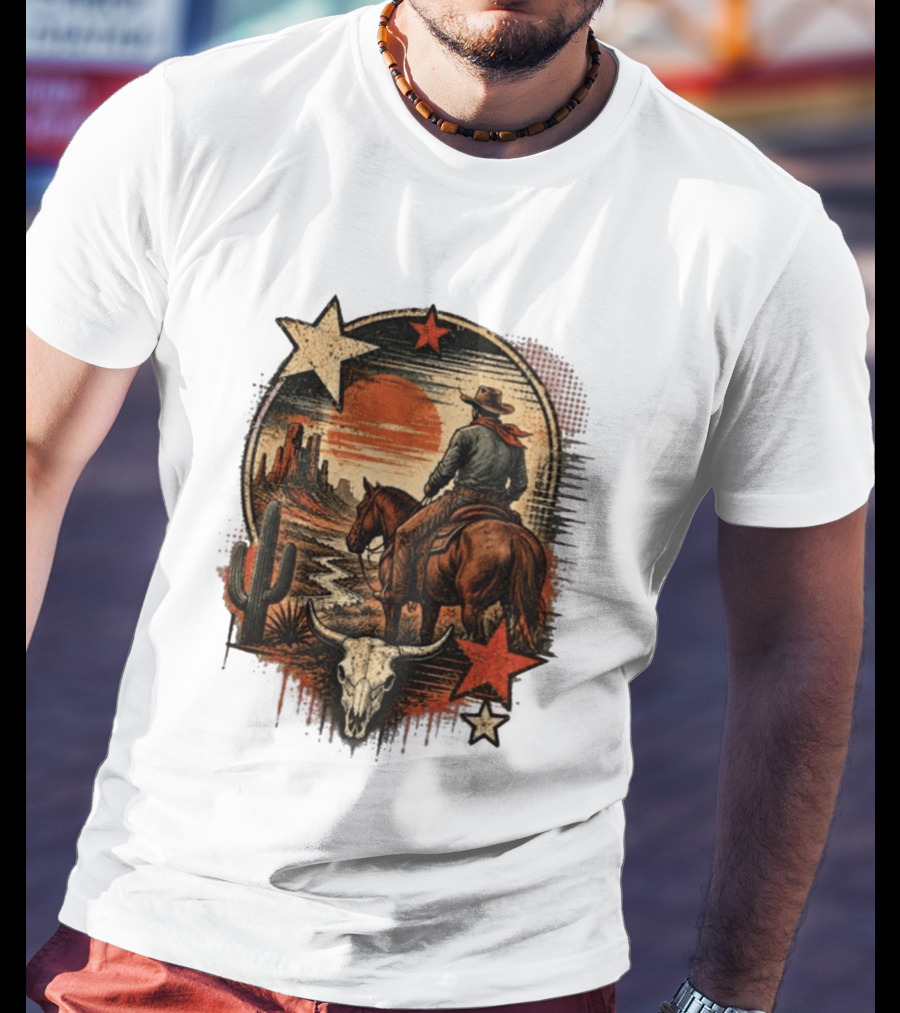 Cowboy On Horseback Under Desert Sunset With Cactus And Skull T-Shirt