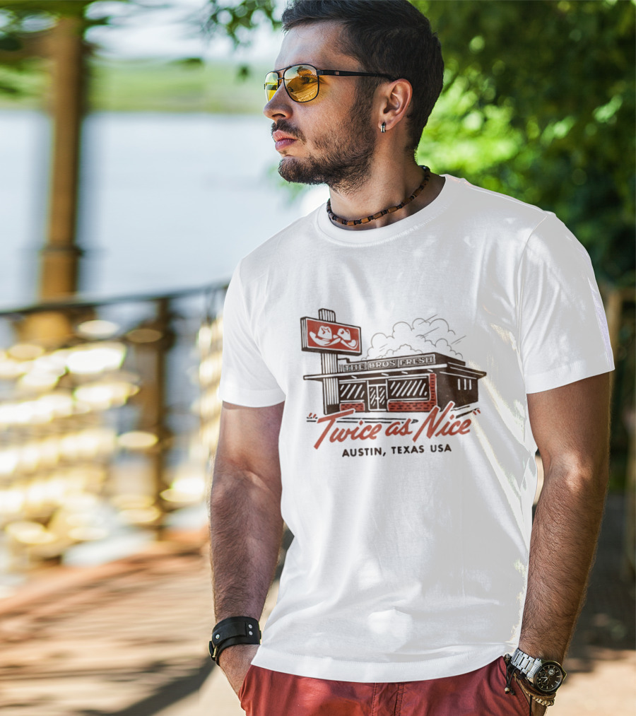 The Bros Fresh Twice As Nice Austin Texas USA Retro Storefront And Skateboard Sign T-Shirt