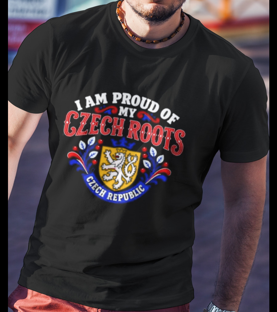 I Am Proud Of My Czech Roots Czech Republic Crest With Lion And Floral Motif T-Shirt