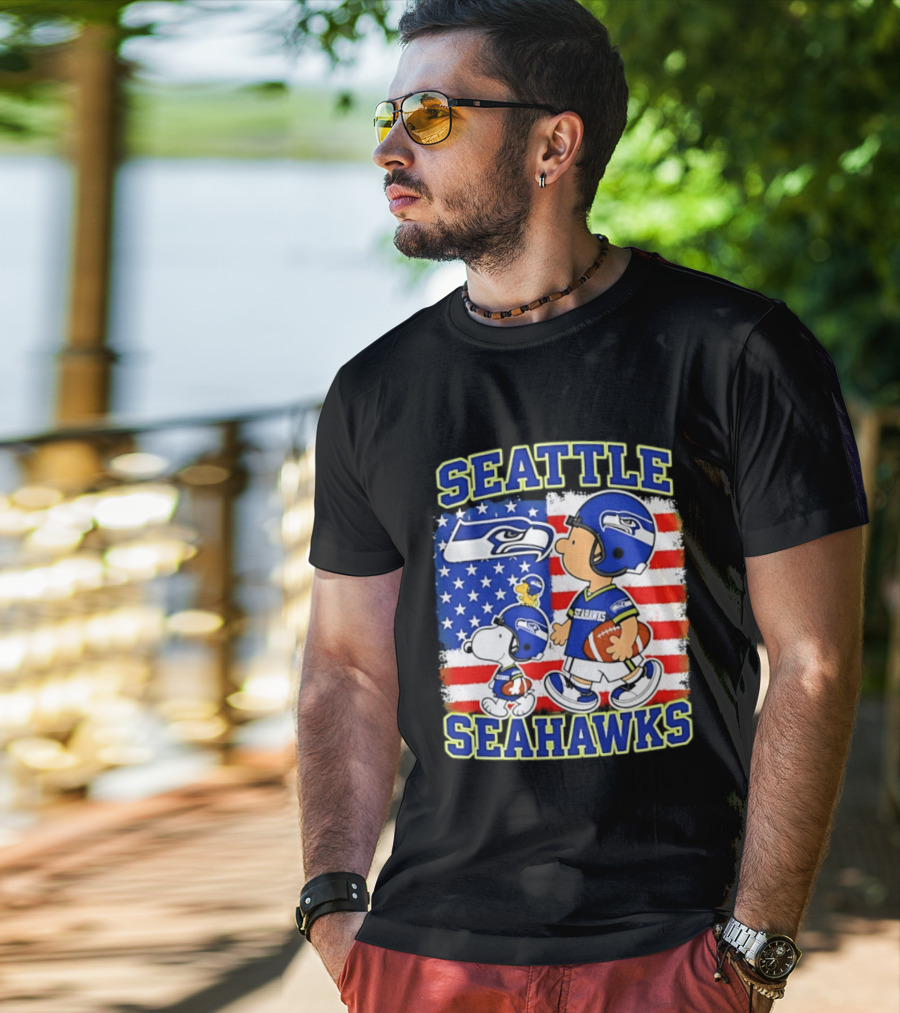 Snoopy Charlie Brown Seattle Seahawks American Flag Football T-Shirt
