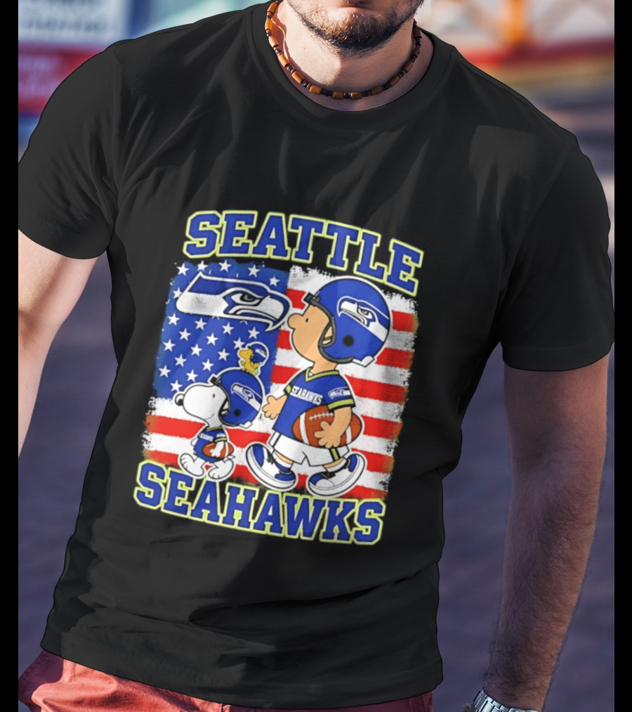 Snoopy Charlie Brown Seattle Seahawks American Flag Football T-Shirt