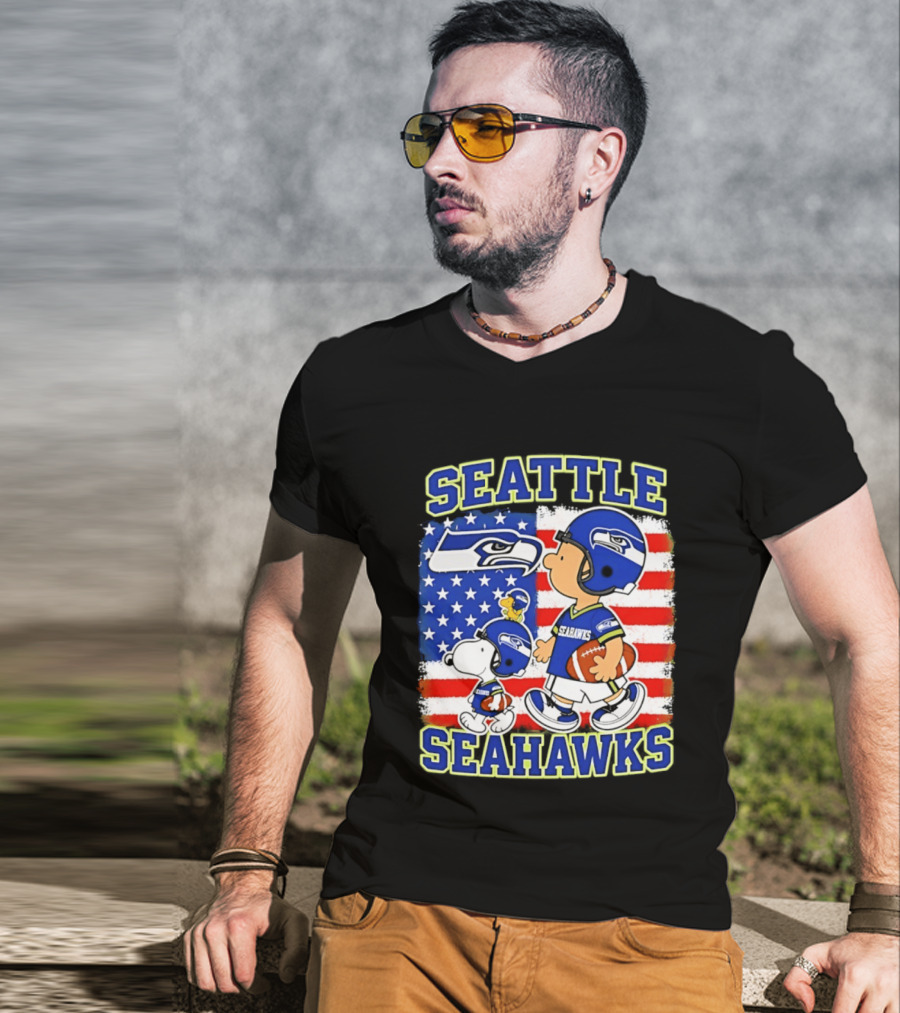 Snoopy Charlie Brown Seattle Seahawks American Flag Football T-Shirt