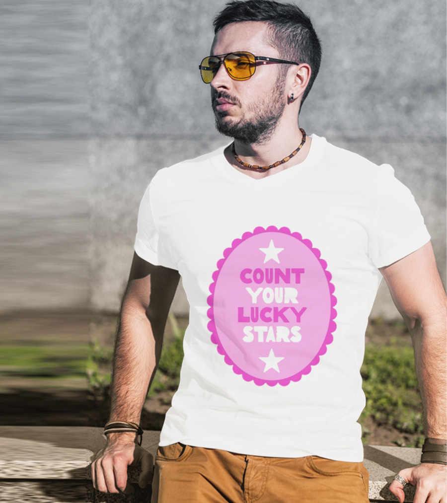 Count Your Lucky Stars Pink Oval Motivational Message T-Shirt