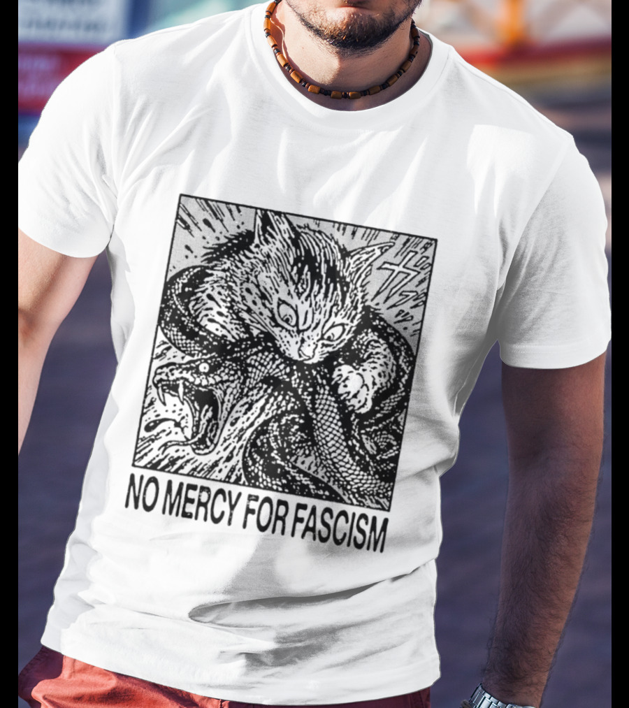 No Mercy For Fascism Cat Fighting Snake T-Shirt