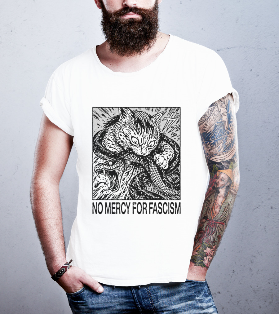 No Mercy For Fascism Cat Fighting Snake T-Shirt