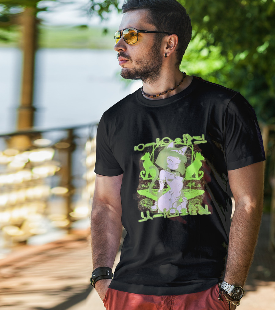 Anime Cat Girl Egyptian Hieroglyphics Neon Green Aesthetic T-Shirt