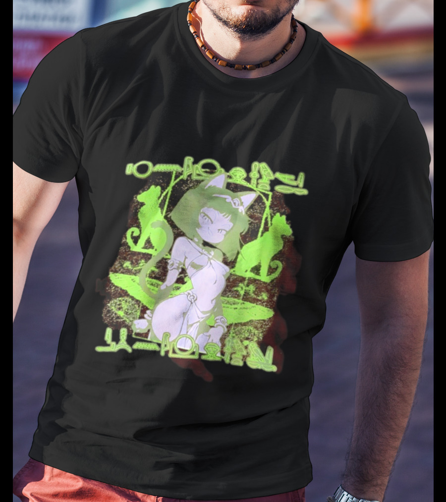 Anime Cat Girl Egyptian Hieroglyphics Neon Green Aesthetic T-Shirt