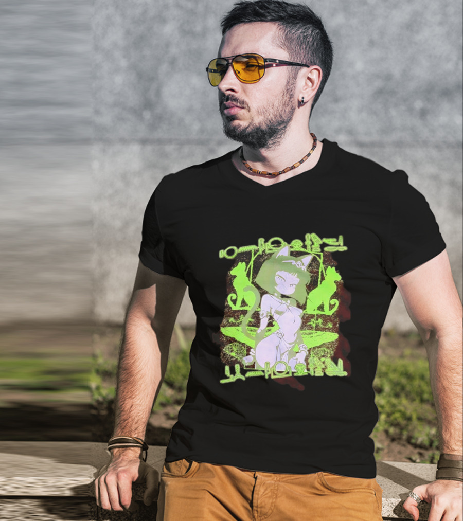 Anime Cat Girl Egyptian Hieroglyphics Neon Green Aesthetic T-Shirt
