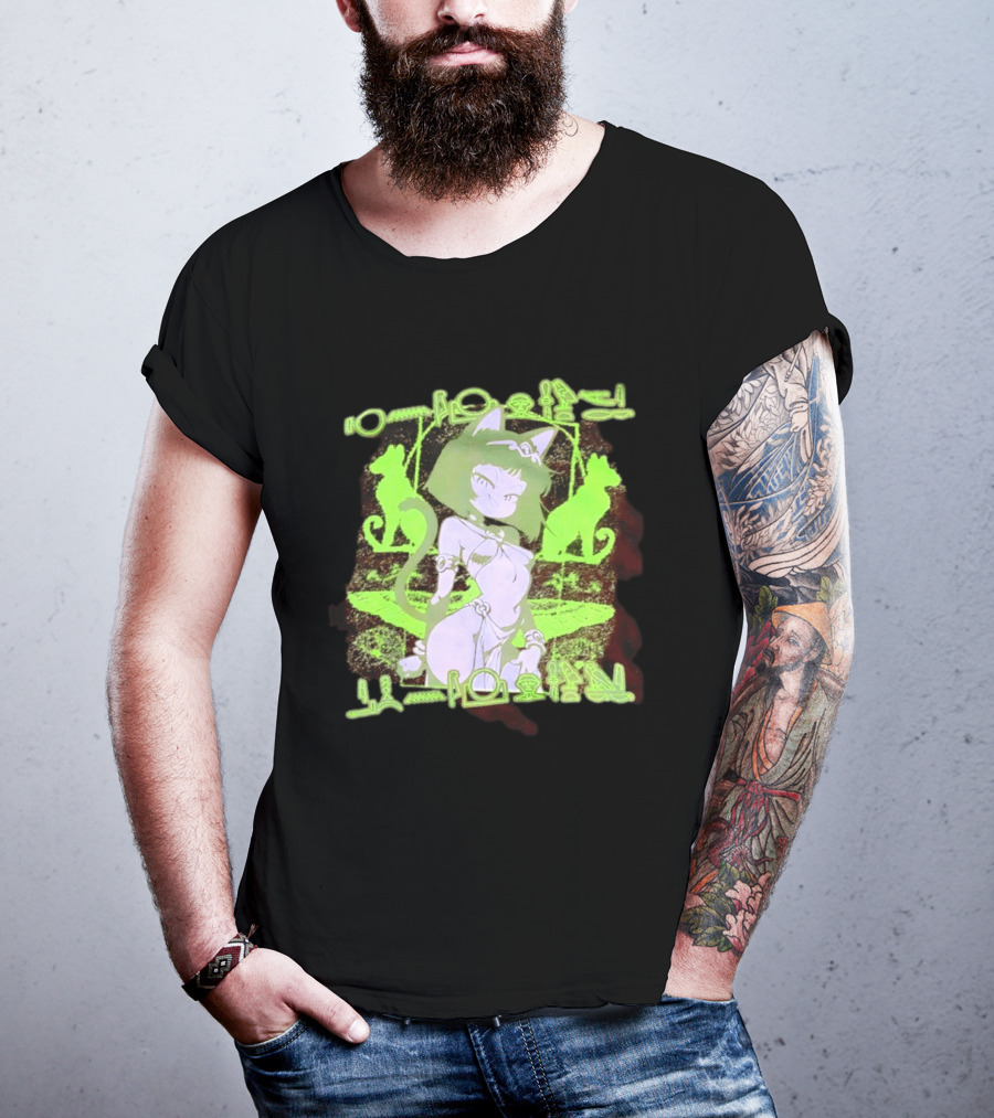 Anime Cat Girl Egyptian Hieroglyphics Neon Green Aesthetic T-Shirt