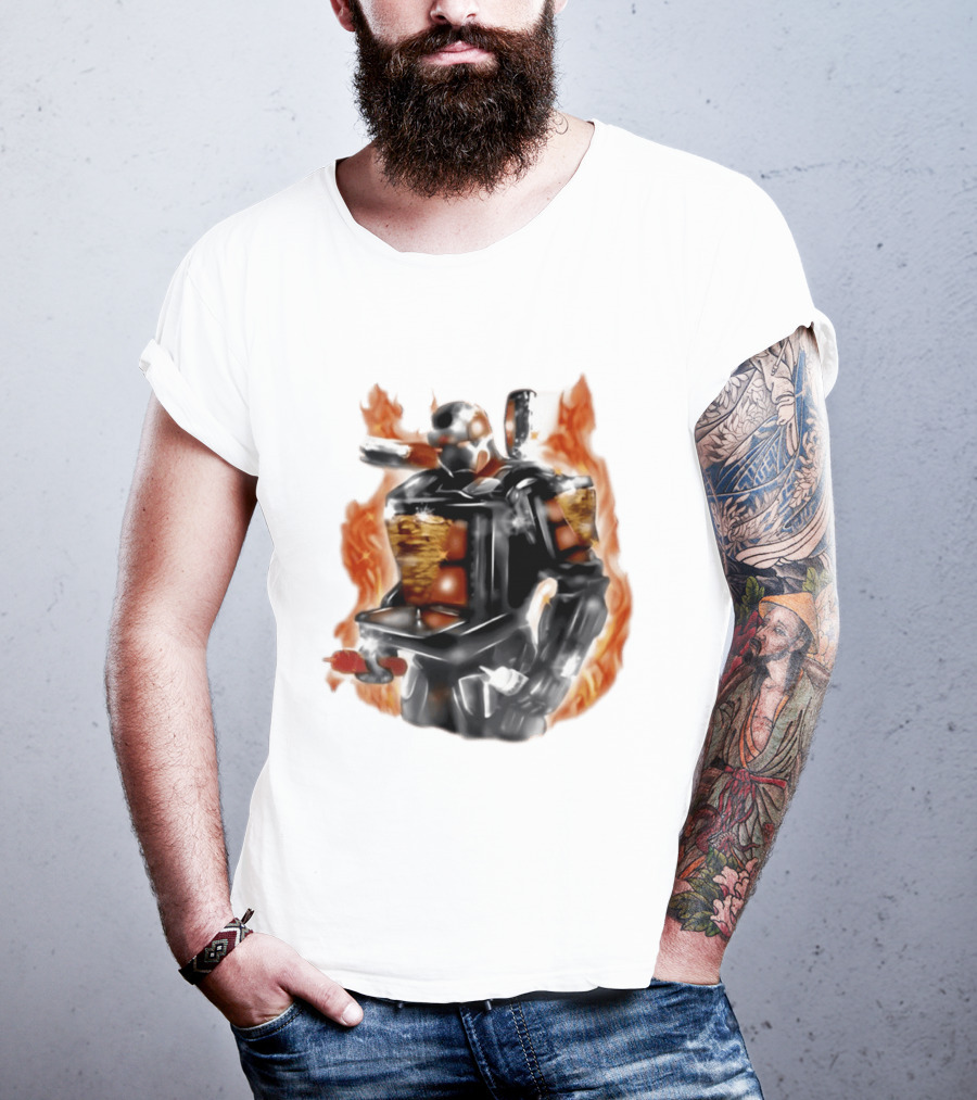 Shawarma Man 90s Flame Airbrush Robot T-Shirt