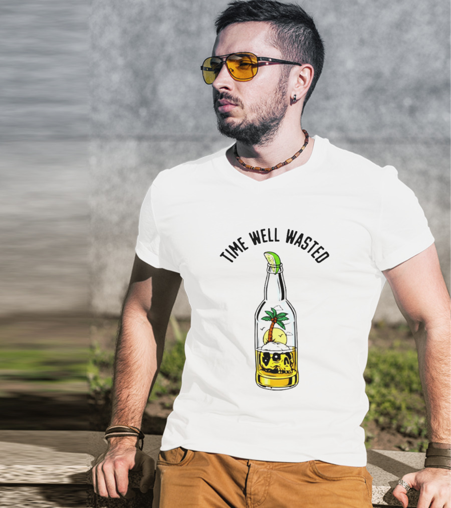 Time Well Wasted Skull And Palm Tree In Bottle With Lemon Slice T-Shirt