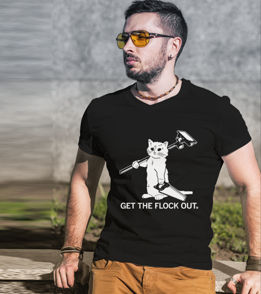 Cat Holding Saw And Broom Get The Flock Out T-Shirt