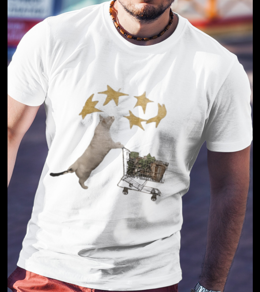 Cat Pushes Shopping Cart With Golden Stars Above T-Shirt