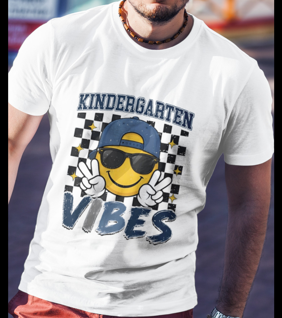 Kindergarten Vibes Smiley Face Sunglasses Peace Sign Checkered T-Shirt