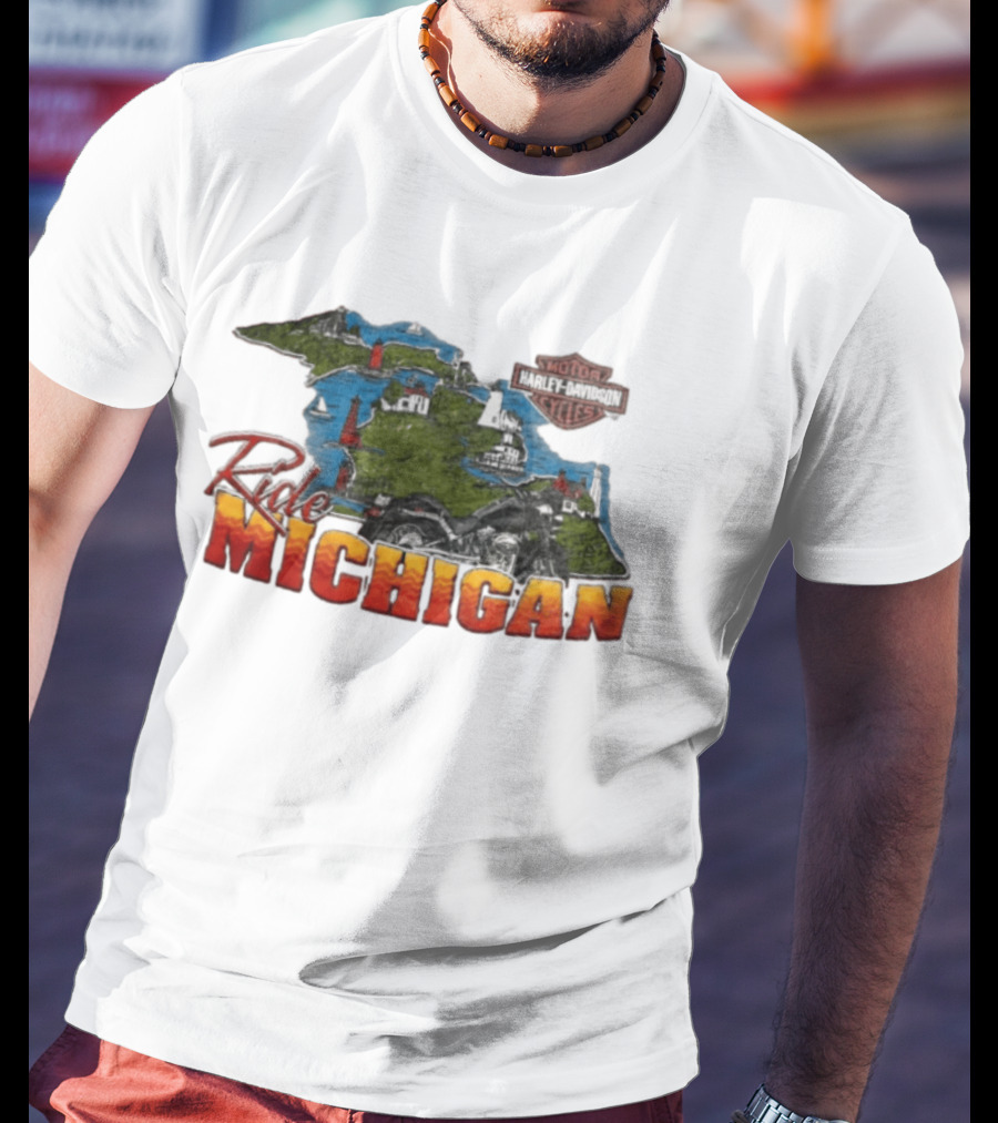 Ride Michigan Harley Davidson Motor Cycles Island Map And Lighthouse T-Shirt