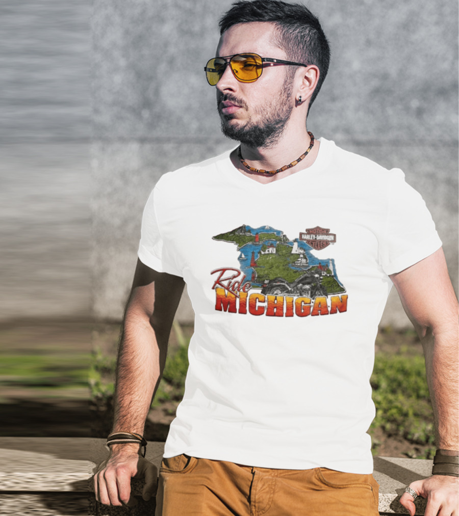 Ride Michigan Harley Davidson Motor Cycles Island Map And Lighthouse T-Shirt