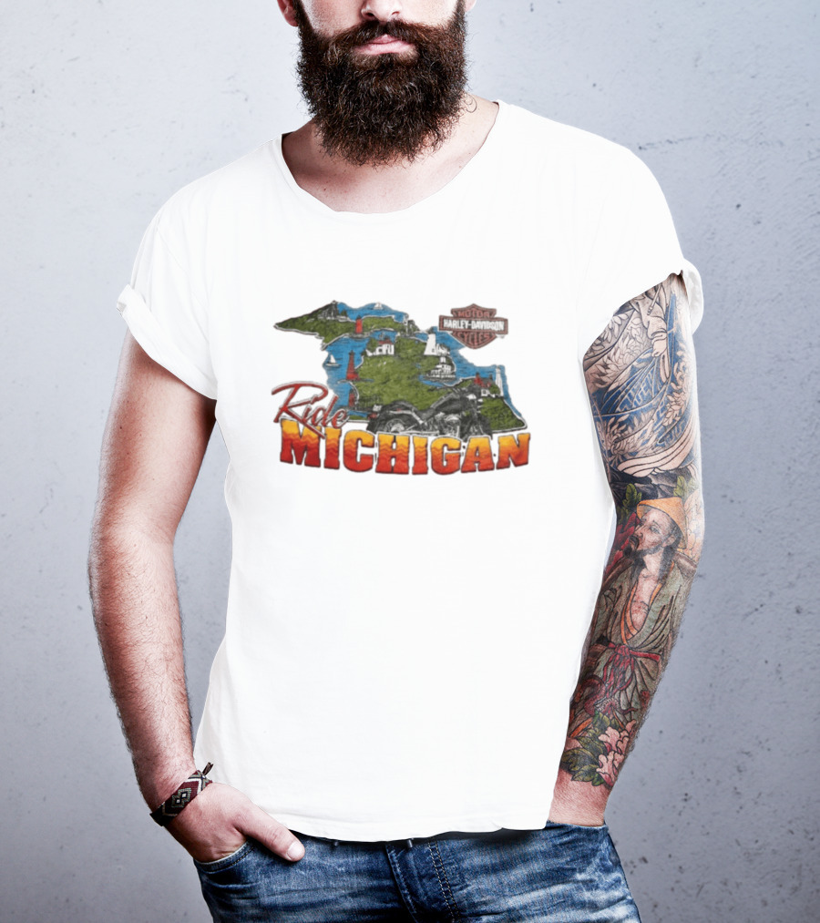 Ride Michigan Harley Davidson Motor Cycles Island Map And Lighthouse T-Shirt