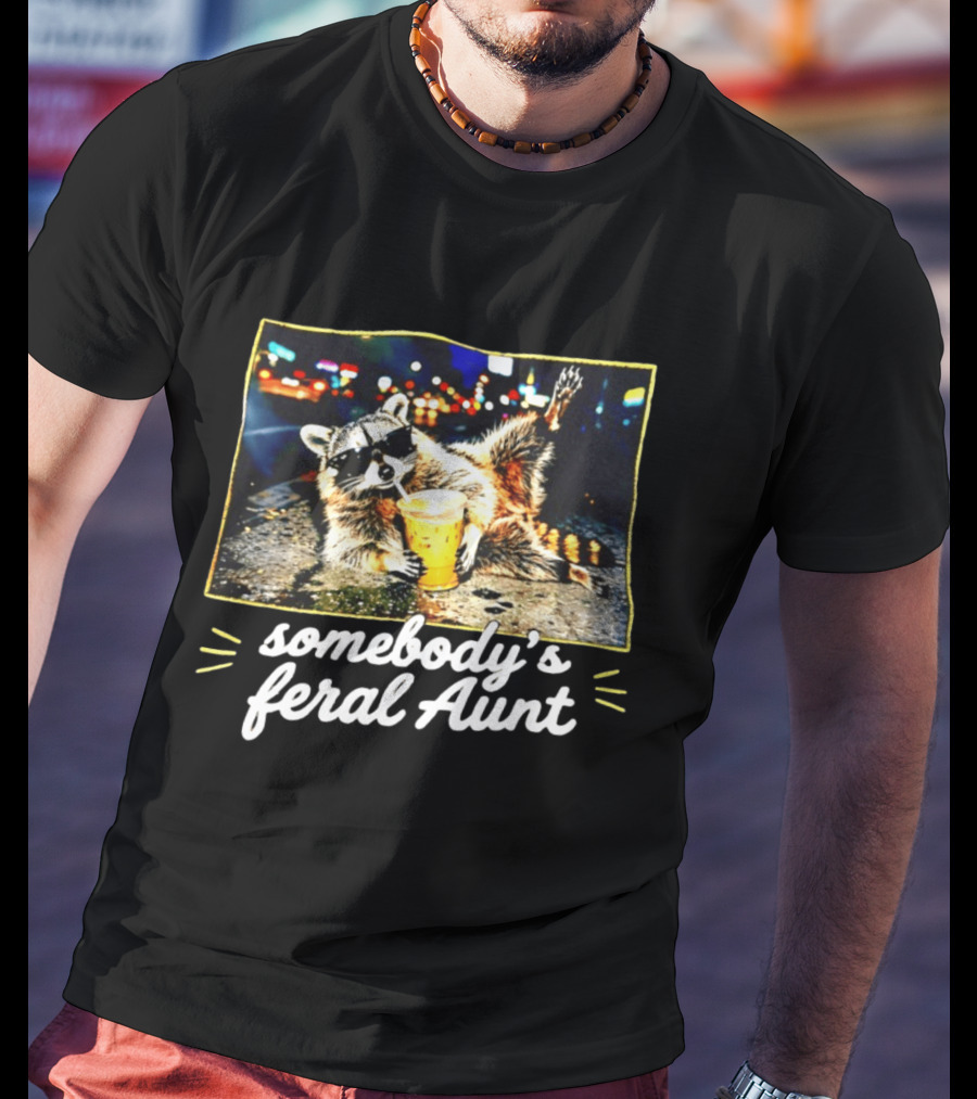 Somebody's Feral Aunt Raccoon Iced Coffee Street Scene T-Shirt