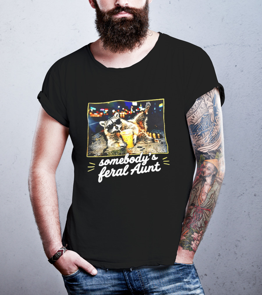 Somebody's Feral Aunt Raccoon Iced Coffee Street Scene T-Shirt
