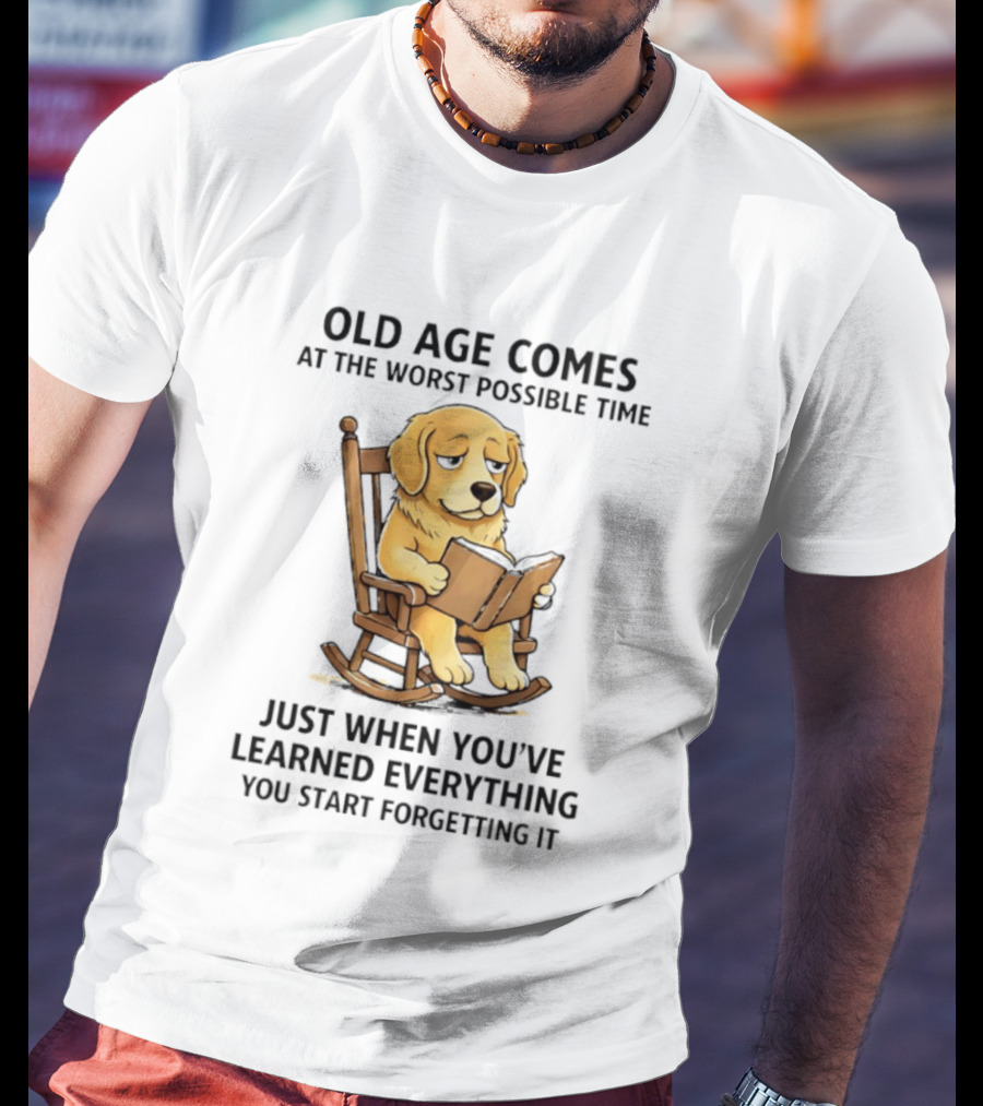 Golden Retriever Reading In Rocking Chair Old Age Humor T-Shirt