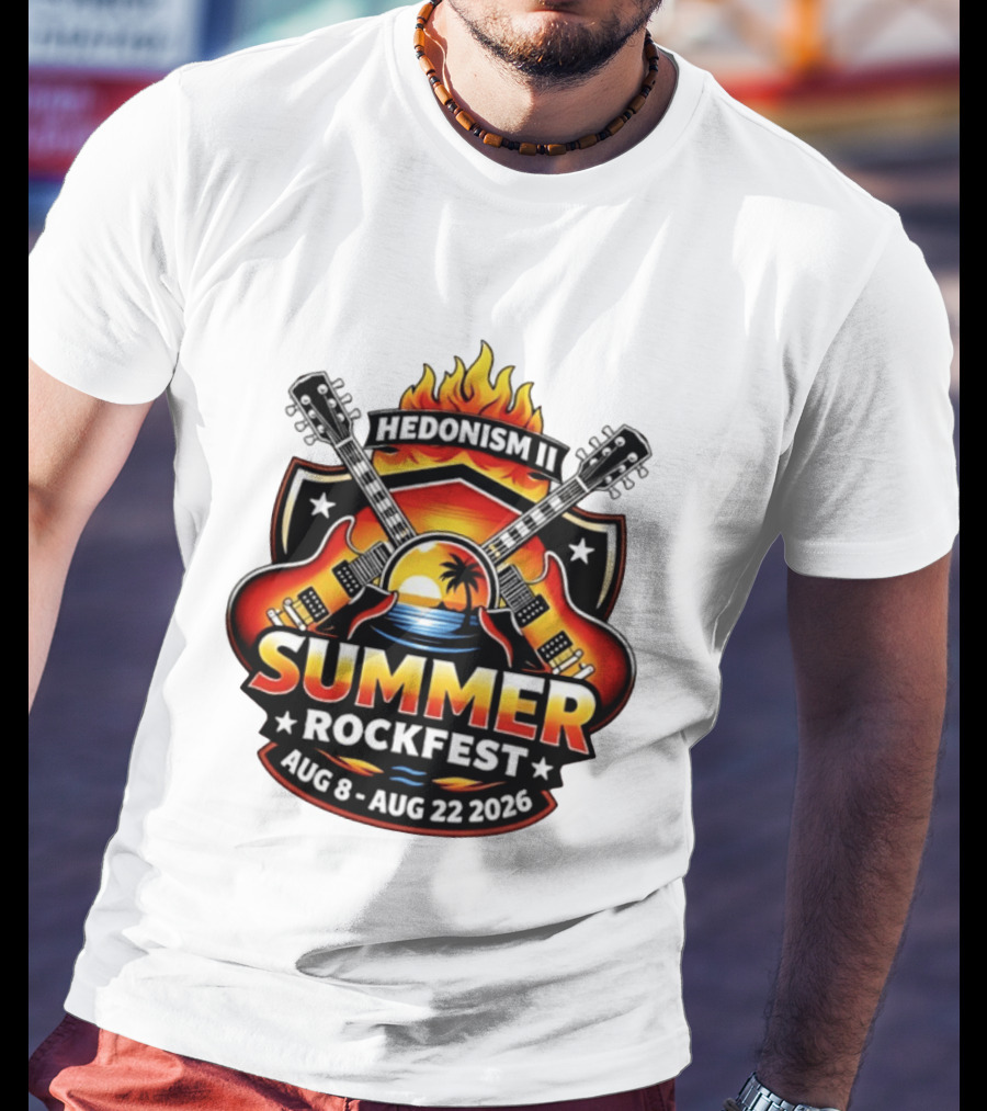 Hedonism II Summer Rockfest August 8 22 2026 Guitars Sunset Palms Fire T-Shirt
