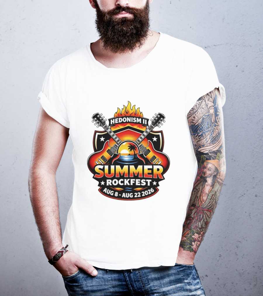 Hedonism II Summer Rockfest August 8 22 2026 Guitars Sunset Palms Fire T-Shirt