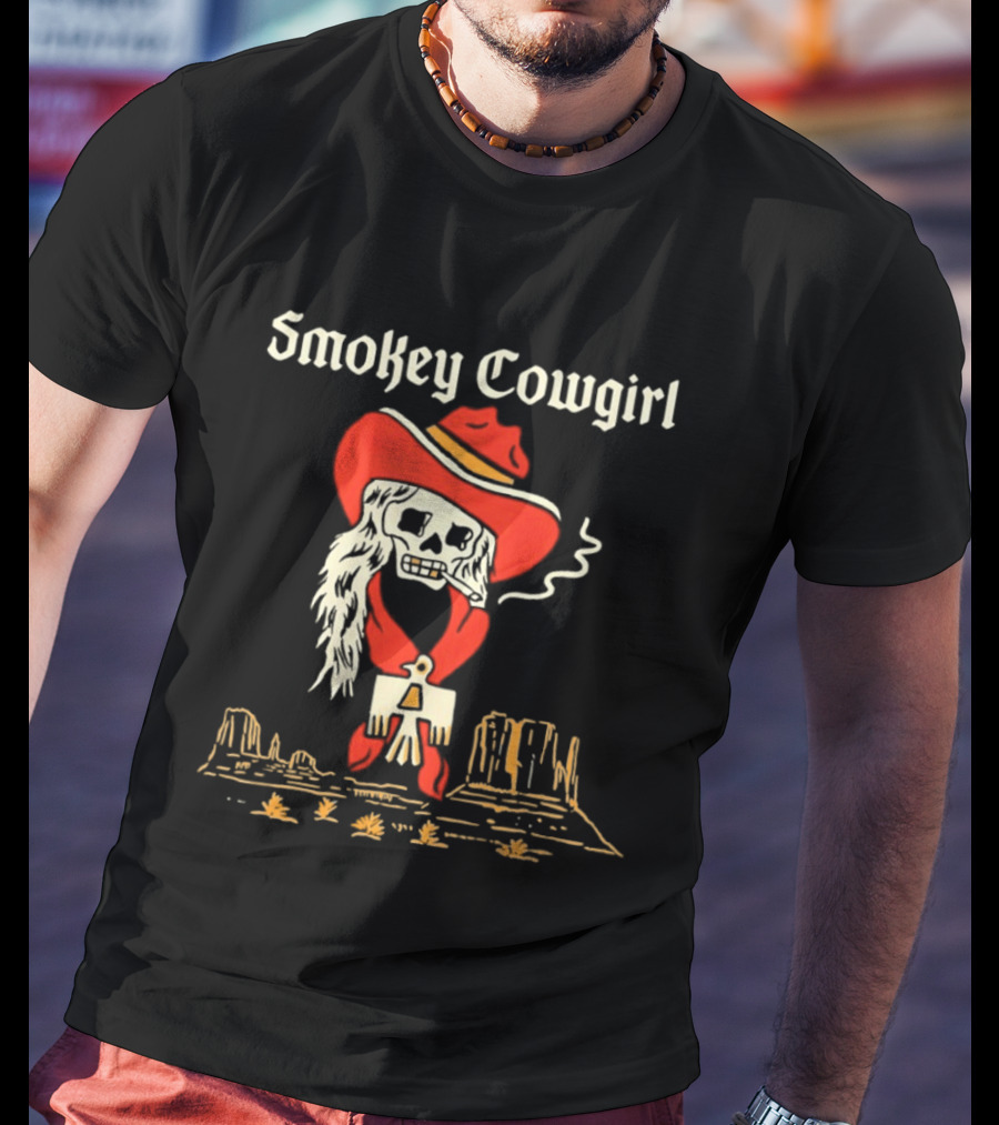 Smokey Cowgirl Western Skeleton Cowboy Desert Scene T-Shirt