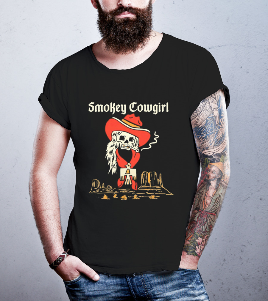 Smokey Cowgirl Western Skeleton Cowboy Desert Scene T-Shirt