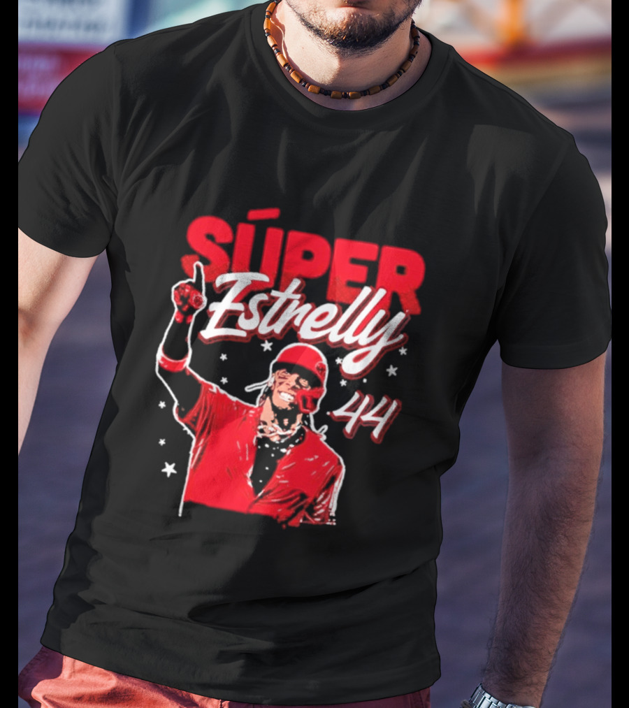 Súper Estrelly 44 Red Baseball Celebration Hero T-Shirt