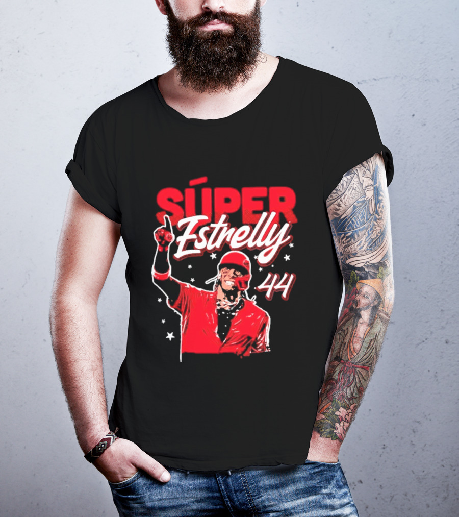 Súper Estrelly 44 Red Baseball Celebration Hero T-Shirt