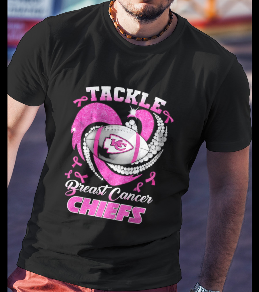 Tackle Breast Cancer Kansas City Chiefs Pink Ribbon Football Heart T-Shirt