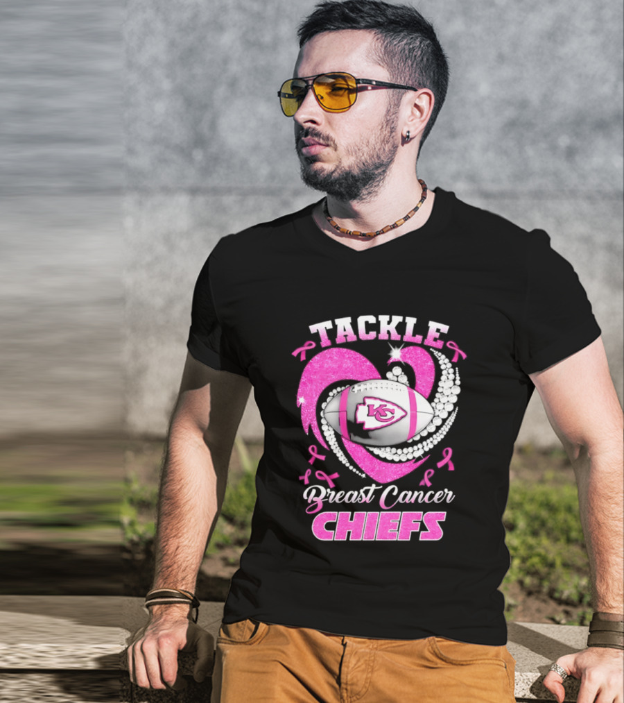 Tackle Breast Cancer Kansas City Chiefs Pink Ribbon Football Heart T-Shirt