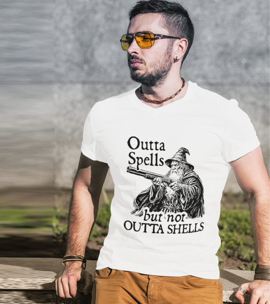 Outta Spells But Not Outta Shells Wizard With Shotgun T-Shirt