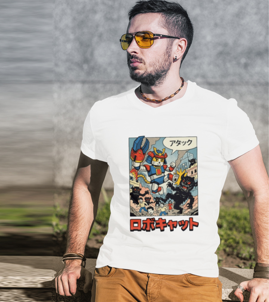 RoboCat Attack Japanese Mecha Kaiju T-Shirt