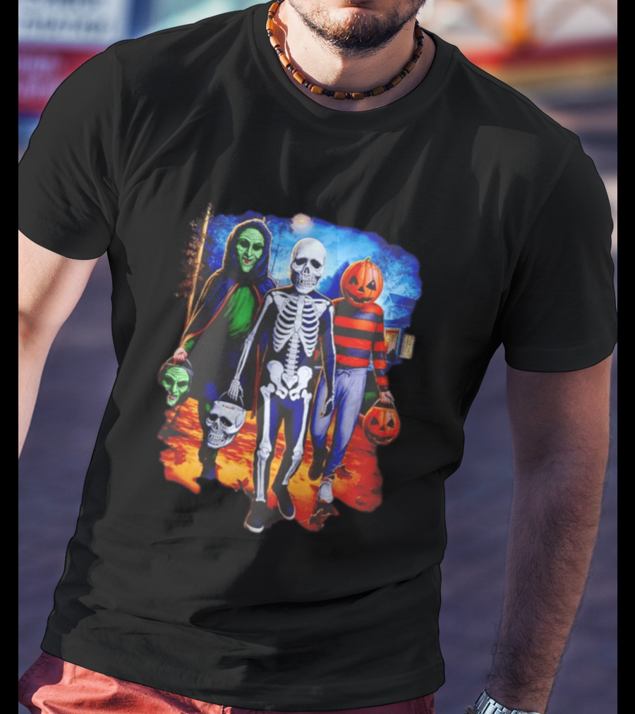 2026 Halloween Trick Or Treat Trio Skeleton Witch Pumpkin Night T-Shirt