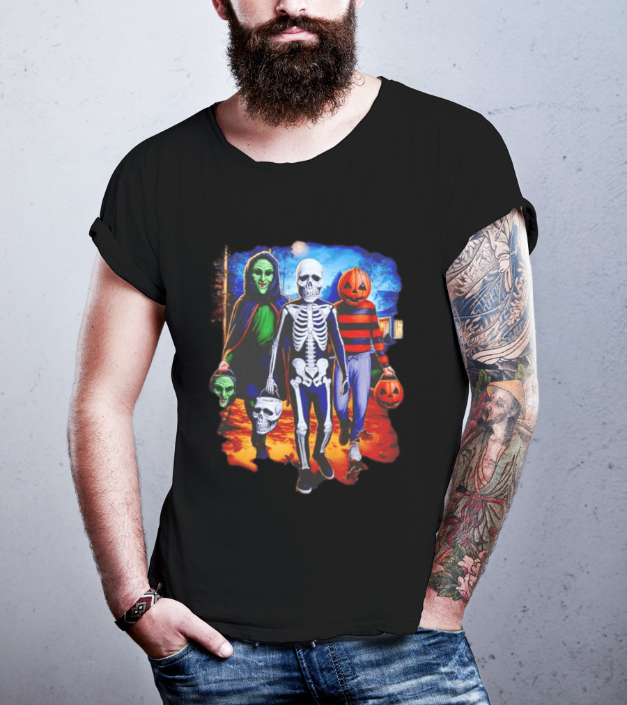 2026 Halloween Trick Or Treat Trio Skeleton Witch Pumpkin Night T-Shirt