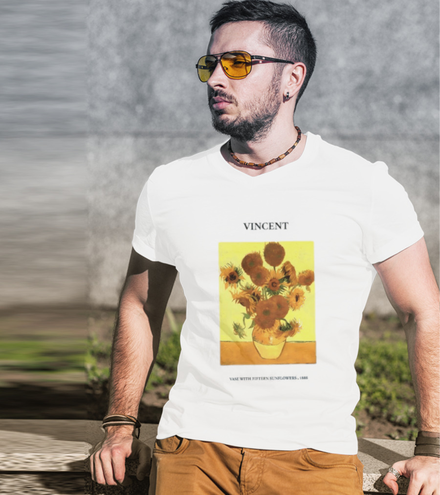 Vincent Van Gogh Sunflowers Vase Painting Vincent Written On It T-Shirt