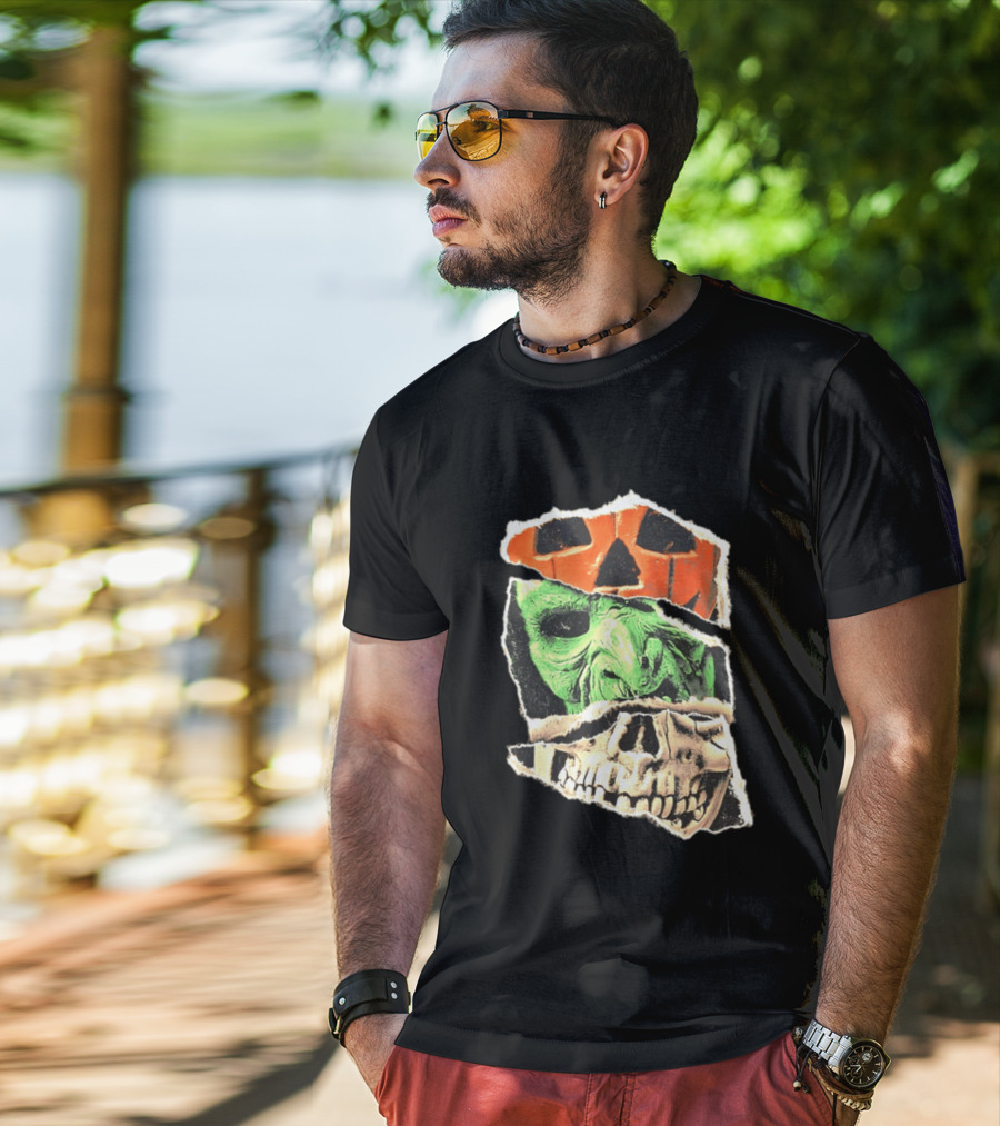 Halloween Trio Three Masks Horror Season Of The Witch Pumpkin Skull Green Mask T-Shirt