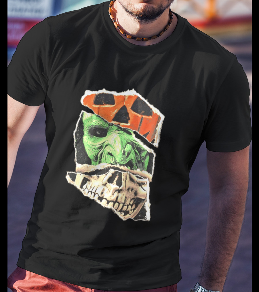 Halloween Trio Three Masks Horror Season Of The Witch Pumpkin Skull Green Mask T-Shirt
