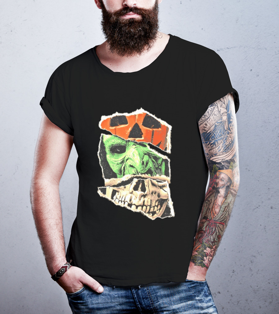 Halloween Trio Three Masks Horror Season Of The Witch Pumpkin Skull Green Mask T-Shirt
