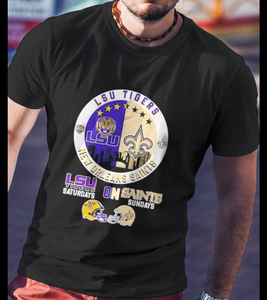 LSU Tigers New Orleans Saints Skyline Helmet Celebration Saturdays Sundays T-Shirt