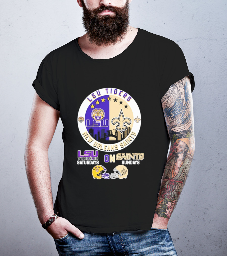LSU Tigers New Orleans Saints Skyline Helmet Celebration Saturdays Sundays T-Shirt