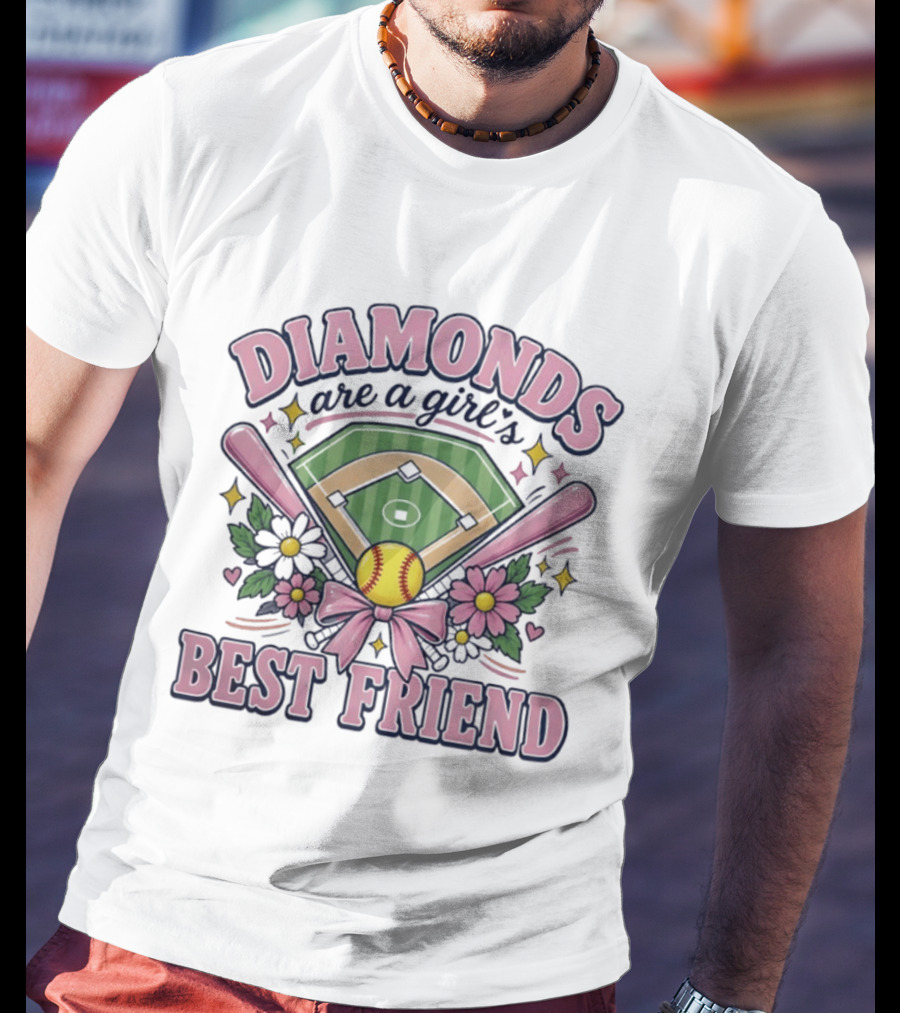 Diamonds Are A Girl's Best Friend Softball Field Pink Bats Floral Stars T-Shirt