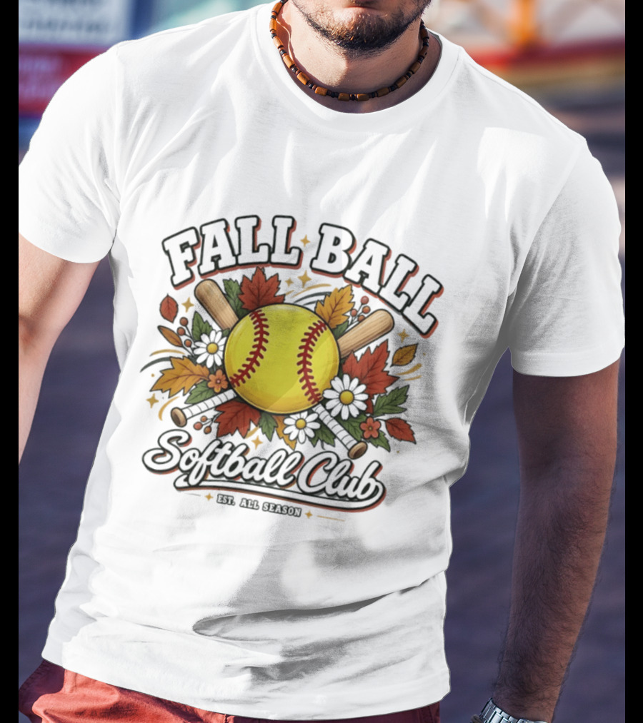 Fall Ball Softball Club Established All Season Autumn Leaves And Bats T-Shirt