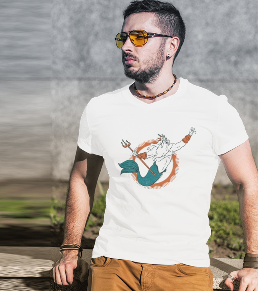 Miami Dolphins King Triton Pose With Trident And Aqua Tail T-Shirt