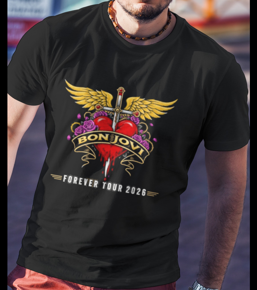 Bon Jovi Forever Tour 2026 Heart And Dagger Wings Roses T-Shirt